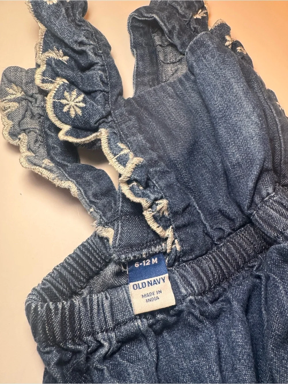 Old Navy Baby Denim Ruffle Floral Embroidered Bubble Romper